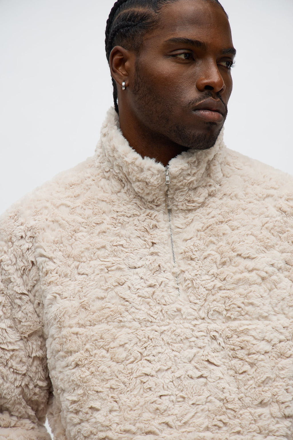 Relaxed Quarter Zip Faux Fur Jacket - Cream