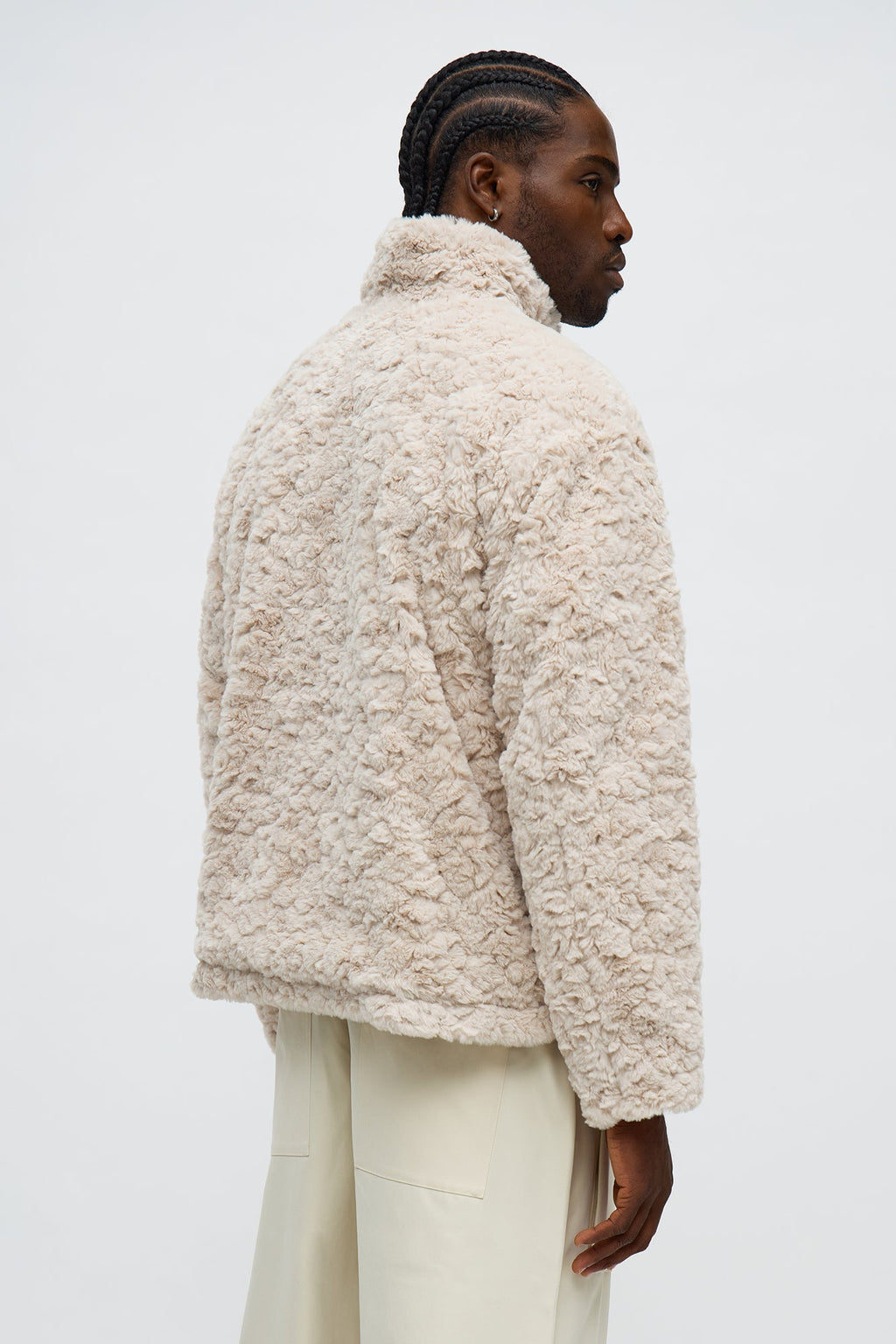 Relaxed Quarter Zip Faux Fur Jacket - Cream