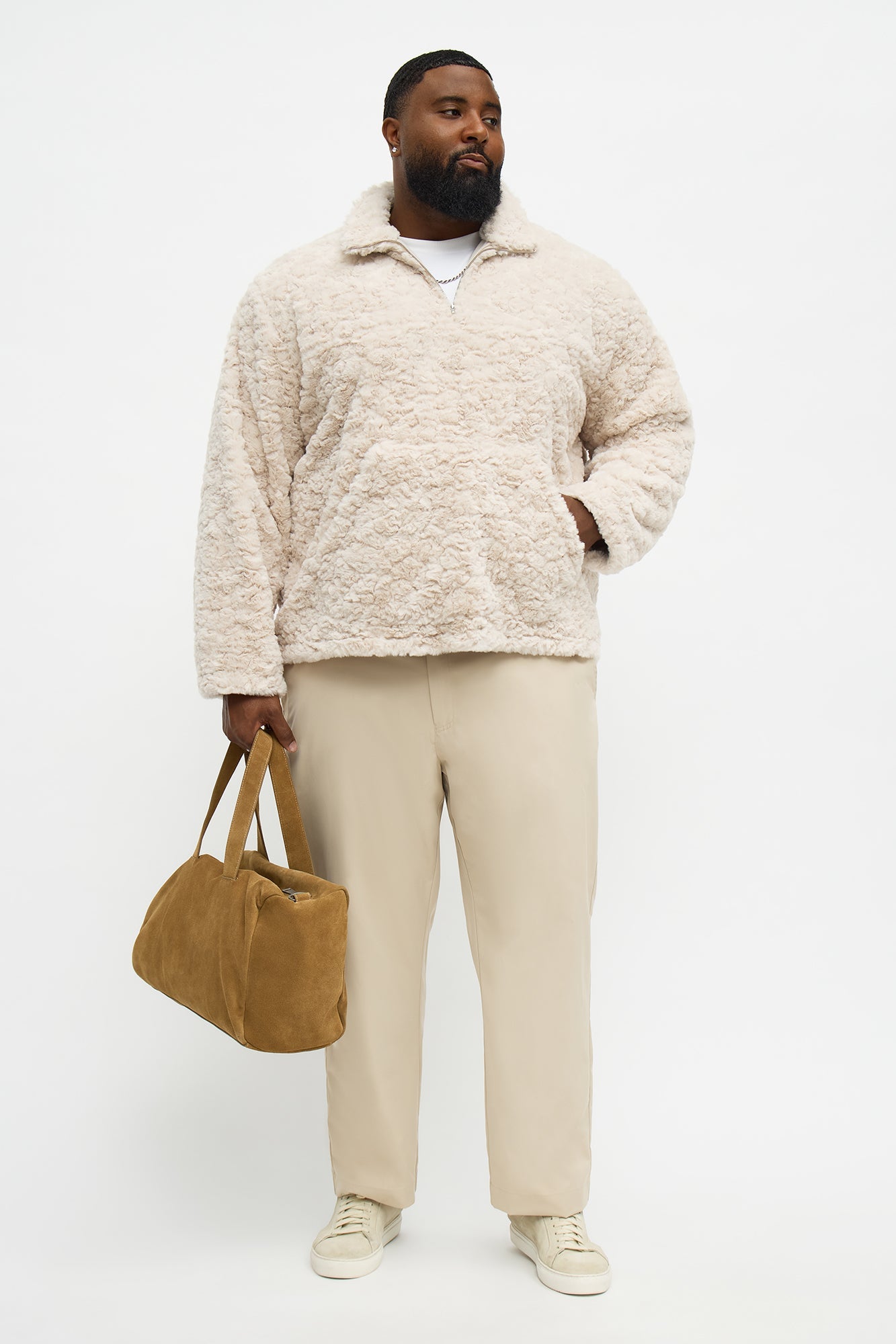 Relaxed Quarter Zip Faux Fur Jacket - Cream