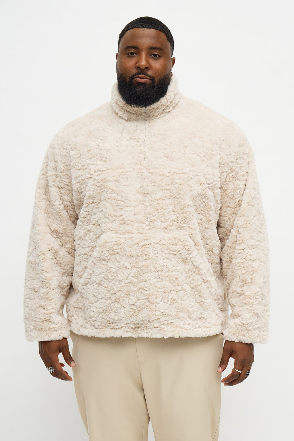 Relaxed Quarter Zip Faux Fur Jacket - Cream