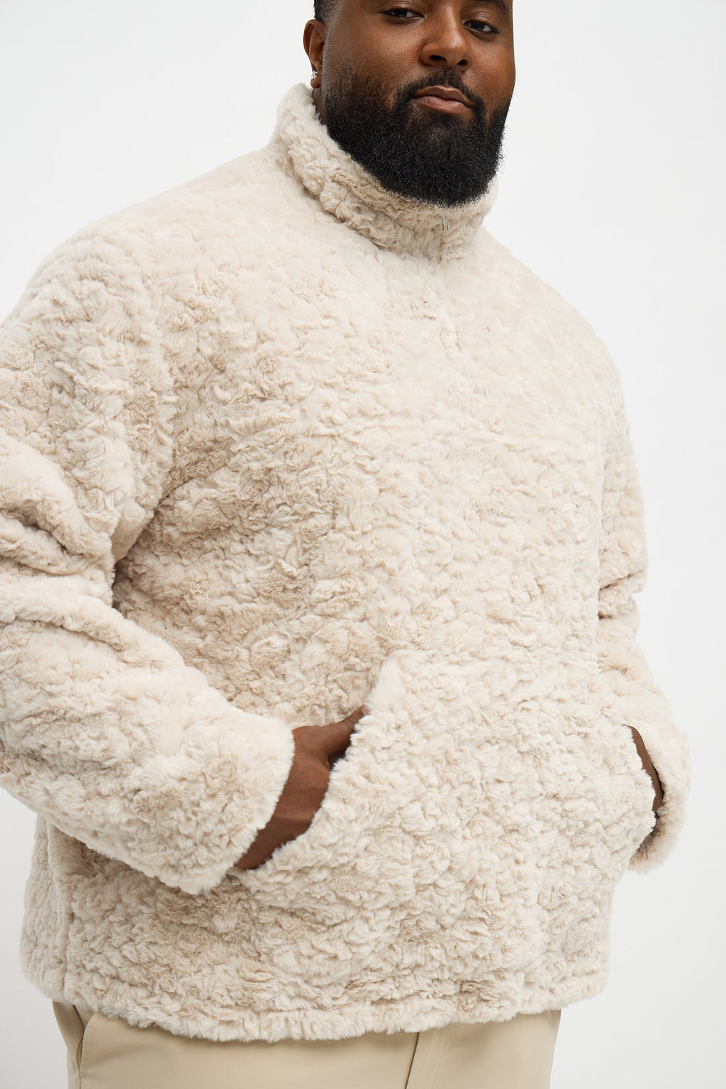 Relaxed Quarter Zip Faux Fur Jacket - Cream