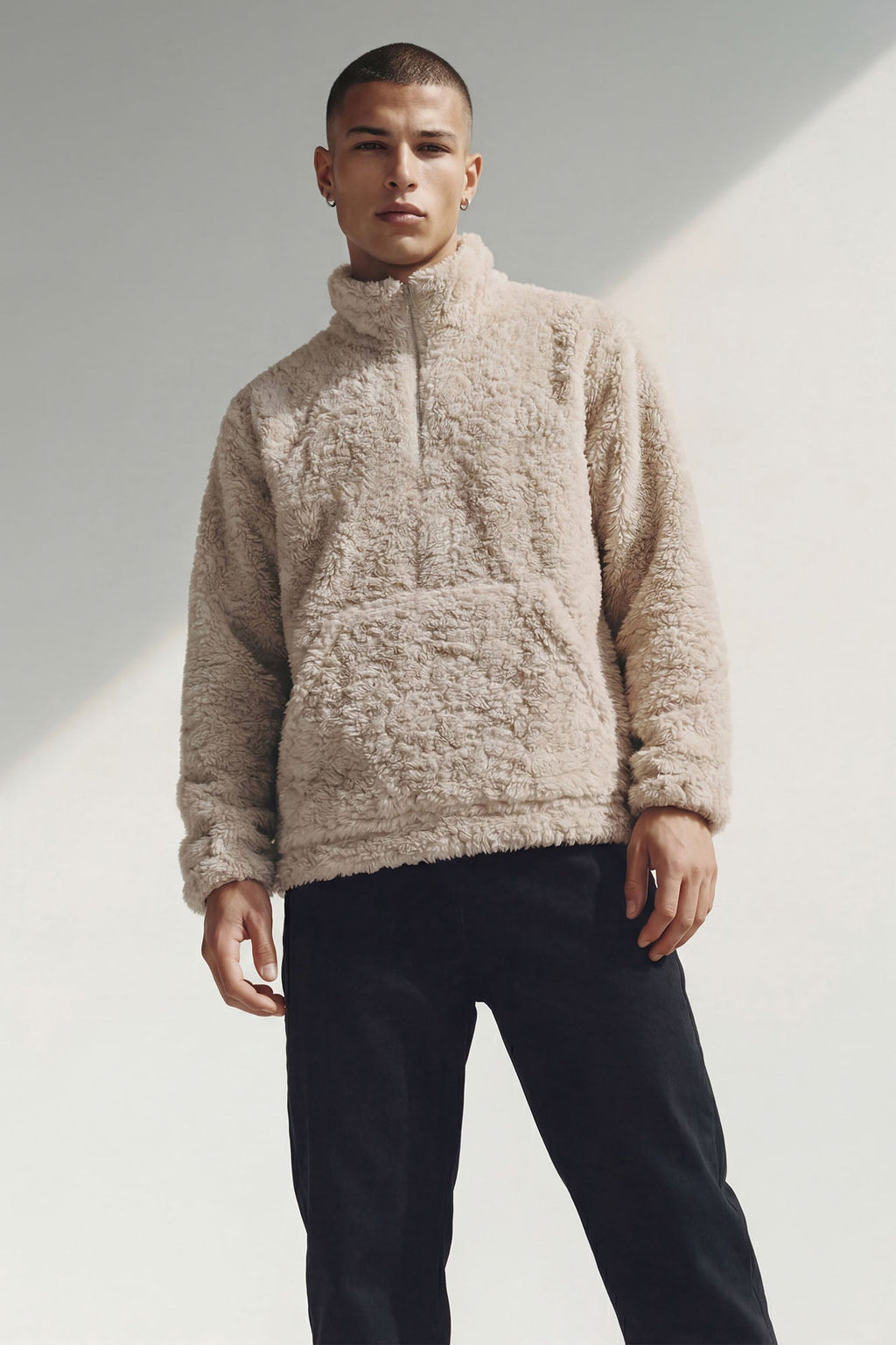 Relaxed Quarter Zip Faux Fur Jacket - Cream